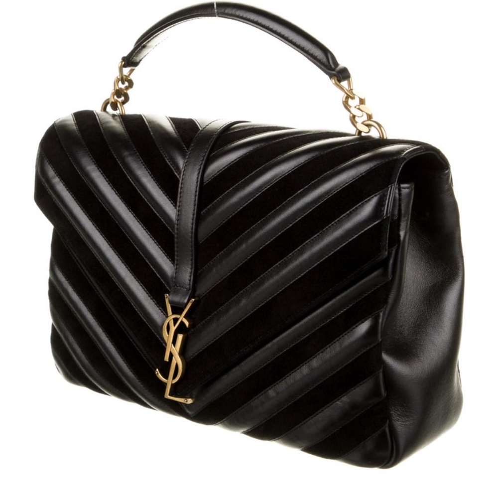 Yves Saint Laurent Black Chevron Shoulder Bag with Gold Hardware